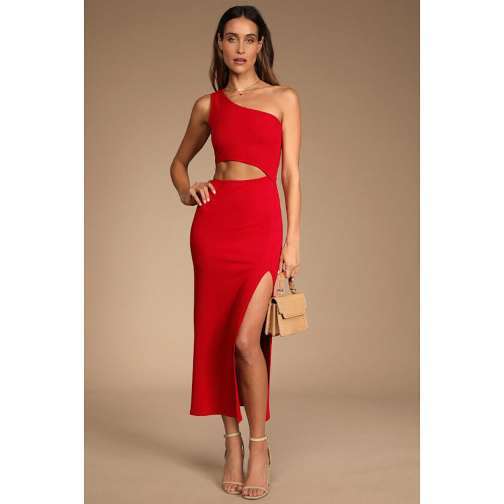 Lulus Spice Things Up Red Ribbed One-shoulder Cutout Midi Dress - Size M